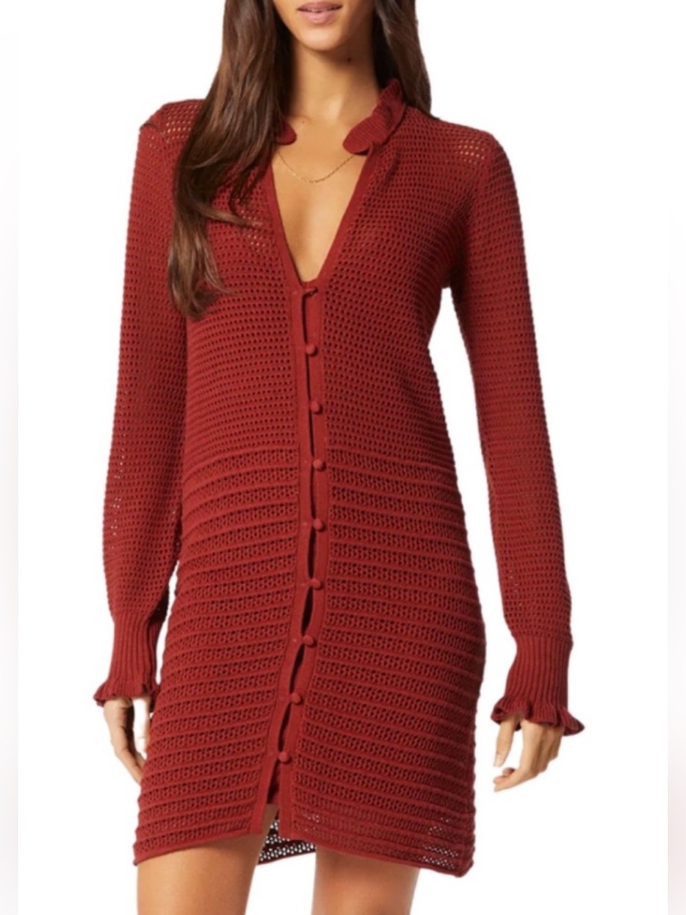 Joie Rust Red Crochet V-Neck Button-Front Dress with removable slip liner